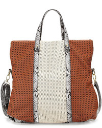 Neiman Marcus Iris Perforated Fold Over Faux Leather Bag Cognac