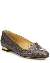 Charlotte Olympia Kitty Croc Embossed Leather Flats