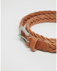 Asos Brand Plaited Belt In Tan Leather