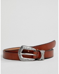 ASOS DESIGN Faux Leather Skinny Belt In Brown With Burnished Edge And Western