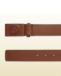 Gucci Leather Belt With Leather Covered Plaque Buckle
