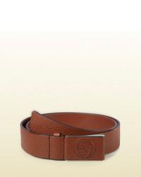 Gucci Leather Belt With Leather Covered Plaque Buckle