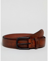 ASOS DESIGN Smart Slim Leather Belt With Floral Emboss In Brown