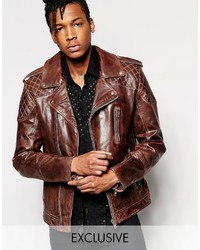 Black Dust Leather Biker Jacket With Quilting Detail
