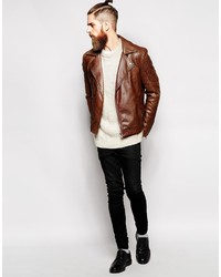 Asos Brand Faux Leather Biker Jacket In Brown
