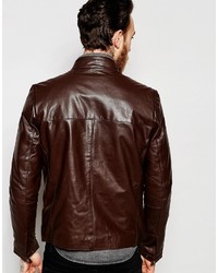 Asos Brand Leather Racing Biker Jacket In Brown