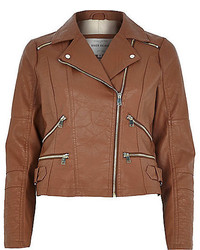 River Island Brown Leather Look Zip Biker Jacket