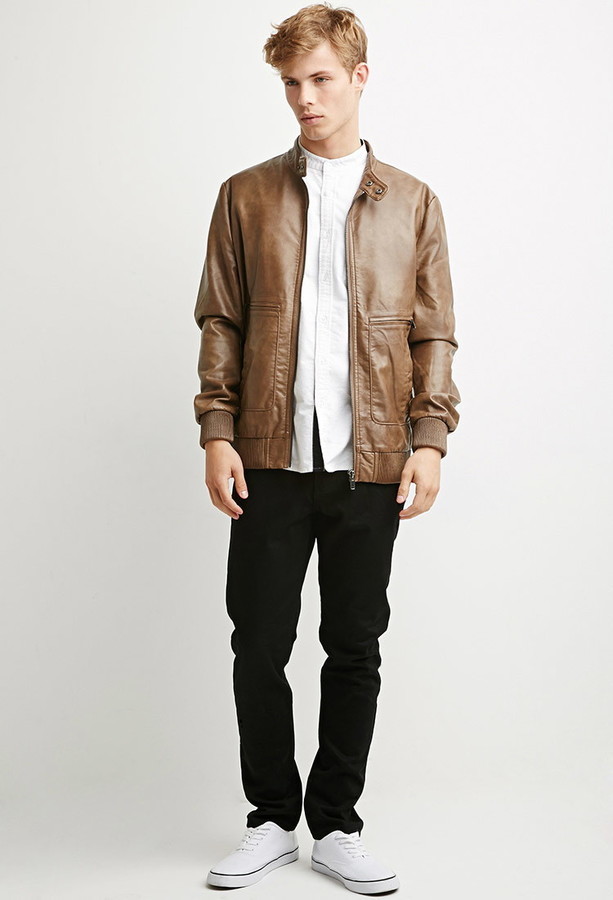 21men 21 Faux Leather Snap Collar Jacket, $34 | Forever 21 | Lookastic