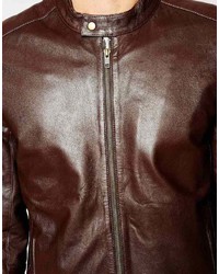 Asos Brand Leather Racing Biker Jacket In Brown