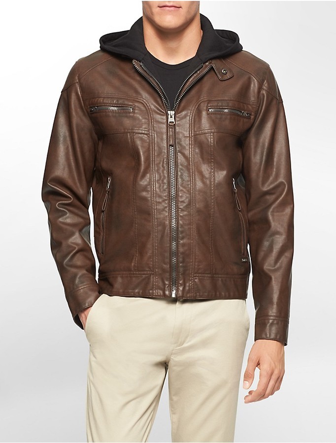 Calvin Klein Faux Leather Hooded Moto Jacket, $199 | Calvin Klein |  Lookastic