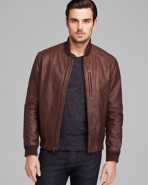 Cole Haan Varsity Leather Baseball Jacket in Brown for Men