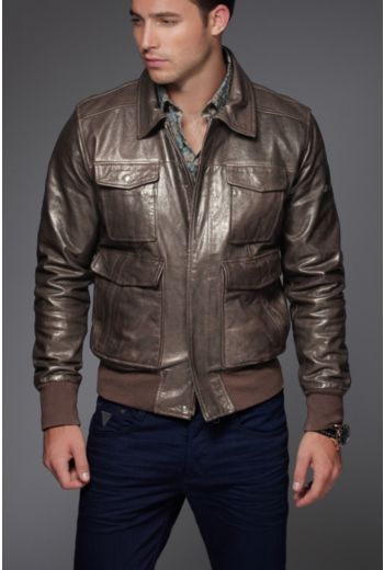 GUESS Chocolate Leather Bomber Jacket, $598 | GUESS | Lookastic