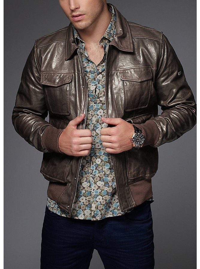 brown leather jacket guess