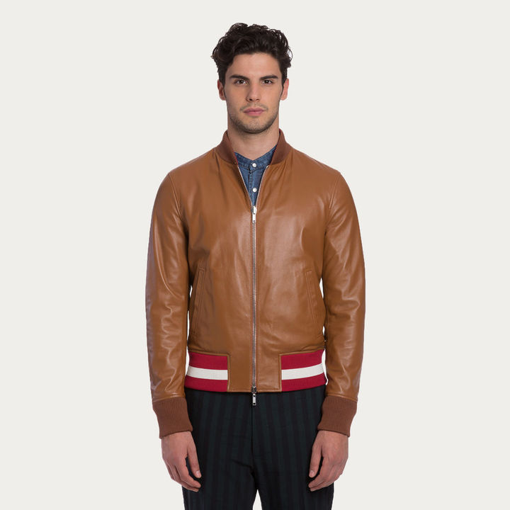 Bally Reversible Leather Jacket Reversible Tan Leather Varsity Jacket,  $2,395, Bally