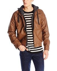 Sportier Faux Leather Insulated Jacket With Fleece Hood Inset