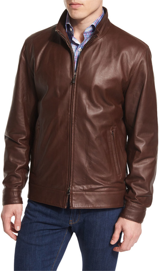 Peter Millar Summertime Napa Leather Bomber Jacket Truffle 1 298 Neiman Marcus Lookastic