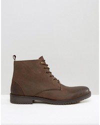 Asos Boots In Brown Leather With Faux Shearling Lining