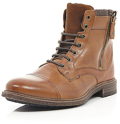 River Island Brown Leather Side Zip Military Boots, $140 | River Island ...
