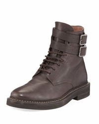 Brunello Cucinelli Buckle Strap Leather Hiking Boot
