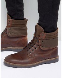 Asos Lace Up Boots In Brown Leather With Cuff Detail