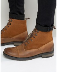 Asos Lace Up Boots In Tan Leather With Faux Shearling Lining