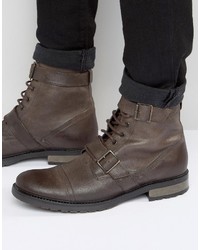 Asos Lace Up Boots With Military Strap Detail In Brown Leather