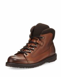 Ermenegildo Zegna Leather Hiking Boot With Wool Trim Cognac