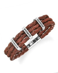 Sutton By Rhona Sutton Stainless Steel Braided Leather And Cubic Zirconia Three Row Bracelet
