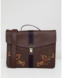 ASOS DESIGN Satchel In Faux Leather In Burgundy With Internal Laptop Pouch And Dragon Embroidery