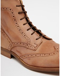 Asos Brand Brogue Boots In Washed Tan Leather