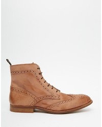 Asos Brand Brogue Boots In Washed Tan Leather