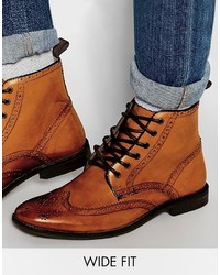 Asos Brand Wide Fit Boots In Tan Leather