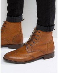 Asos Brogue Boot In Tan Leather With Faux Shearling Lining