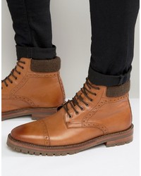 Asos Brogue Boots In Tan Leather With Cleated Sole
