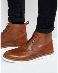 Asos Brogue Boots In Tan Leather With White Sole