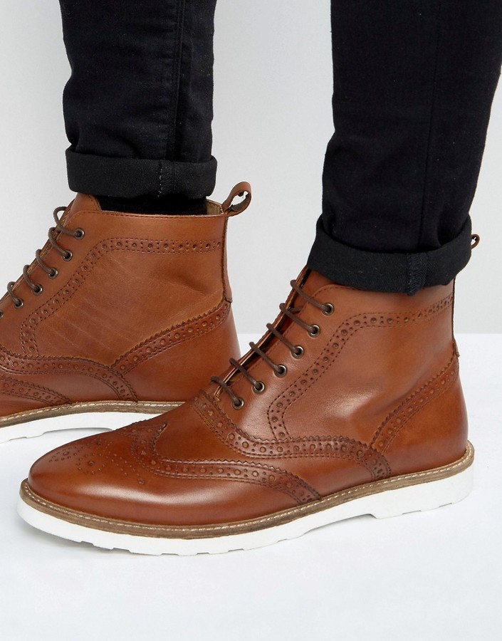Asos Brogue Boots In Tan Leather With 