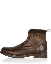 River Island Brown Leather Brogue Worker Boots