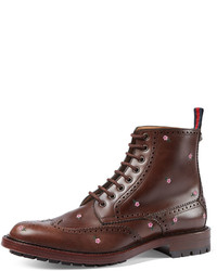 Gucci Flower Embroidered Lace Up Boot Brown