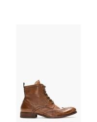 H By Hudson Brown Leather Brogued Angus Ankle Boots