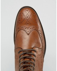 Asos Wide Fit Brogue Boots In Tan Leather