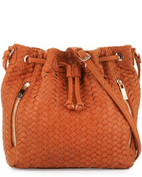 Neiman Marcus Woven Faux Leather Bucket Bag Cognac