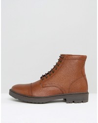 Asos Lace Up Boots In Tan Scotchgrain Leather With Toe Cap