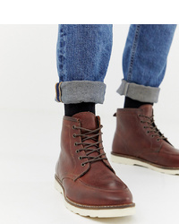 ASOS DESIGN Wide Fit Lace Up Boots In Brown Leather With White Sole