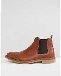 Asos Chelsea Boots With Weave Detail In Tan Leather
