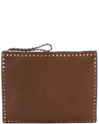 Valentino Brown Leather Rockstud Oversize Clutch