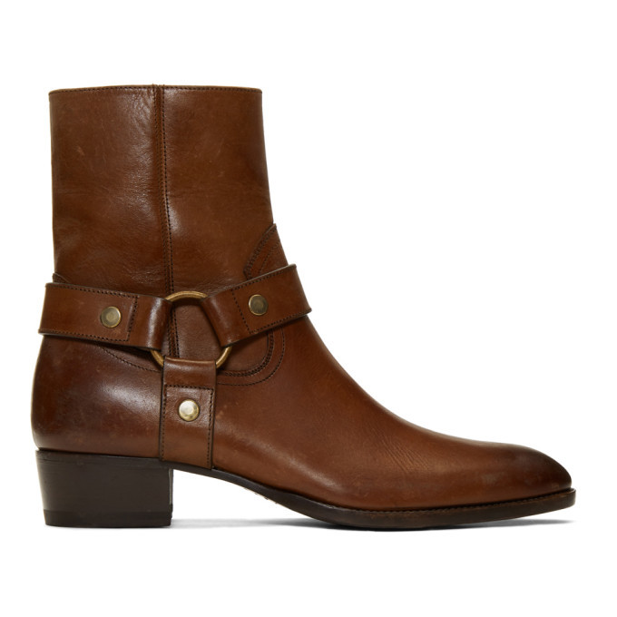 Saint Laurent Brown Wyatt 40 Harness Boots, $803 | SSENSE