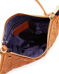 Neiman Marcus Woven Faux Leather Crossbody Bag Cognac