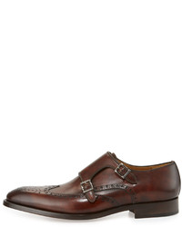 Magnanni Double Monk Wing Tip Leather Loafer Mid Brown