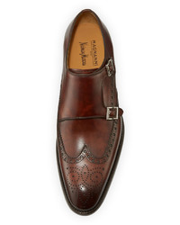Magnanni Double Monk Wing Tip Leather Loafer Mid Brown