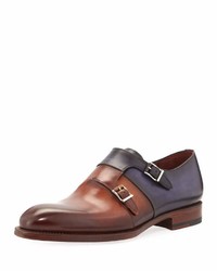 Magnanni For Neiman Marcus Two Tone Leather Double Monk Shoe